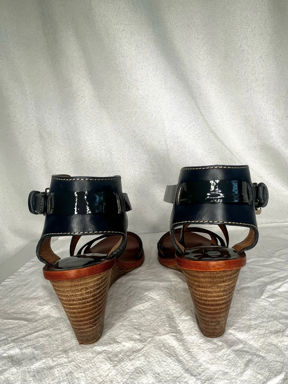 Coach Navy Patent Leather Strappy Wedge Sandals Women’s Size 6B